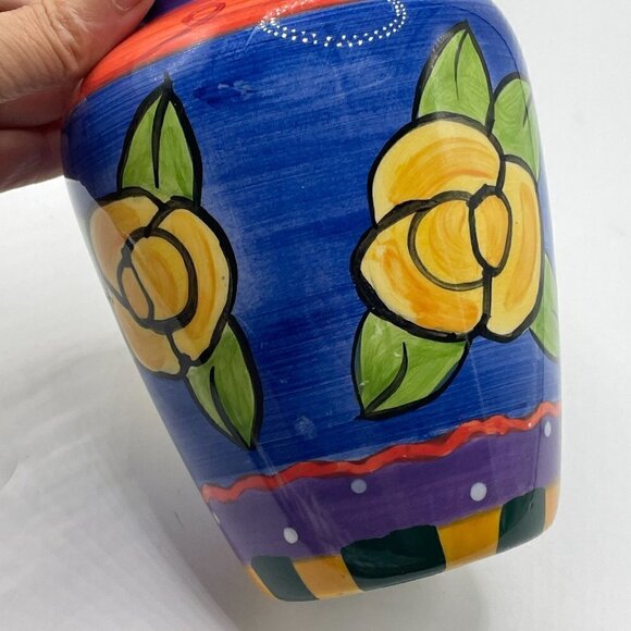 Milson & Louis Hand Painted Flower Vase Cobalt Blue Yellow Flowers Red Rim 6" - Picture 3 of 8